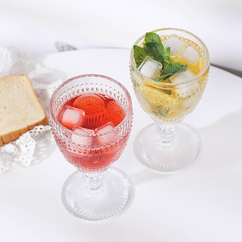 Vintage Roman Column 330ml Thickened Sunflower Embossed Drinking Glass Cups Wine Glass Goblet