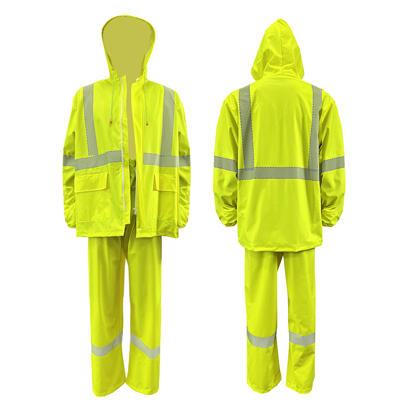 Premium Waterproof Safety Work Reflective Rain Coat Semi PU Rainsuit for Men