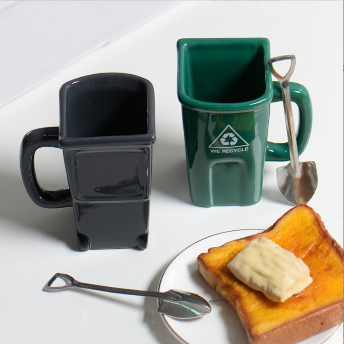 Square Garbage Can Ceramic Mug Green Recyclable Bucket Water Cup Creative Mug