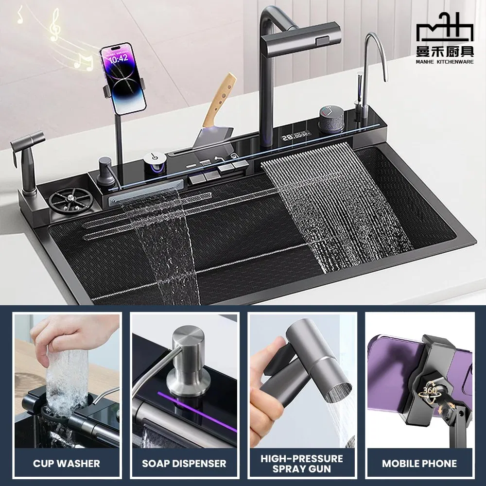 Waterfall Multifunctional Smart Kitchen Sink with Phone Holder and Spray Gun
