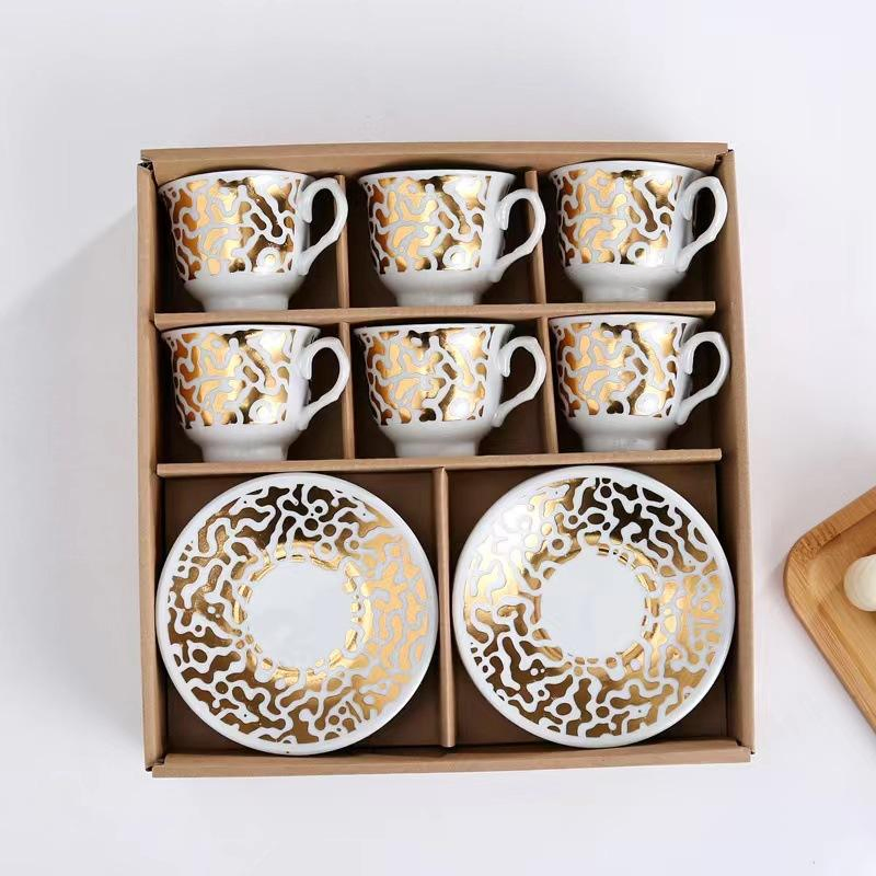 Wholesale Luxury Tea Cup Ceramic White Gold Pattern Coffee Milk Porcelain Cup and Saucer Set