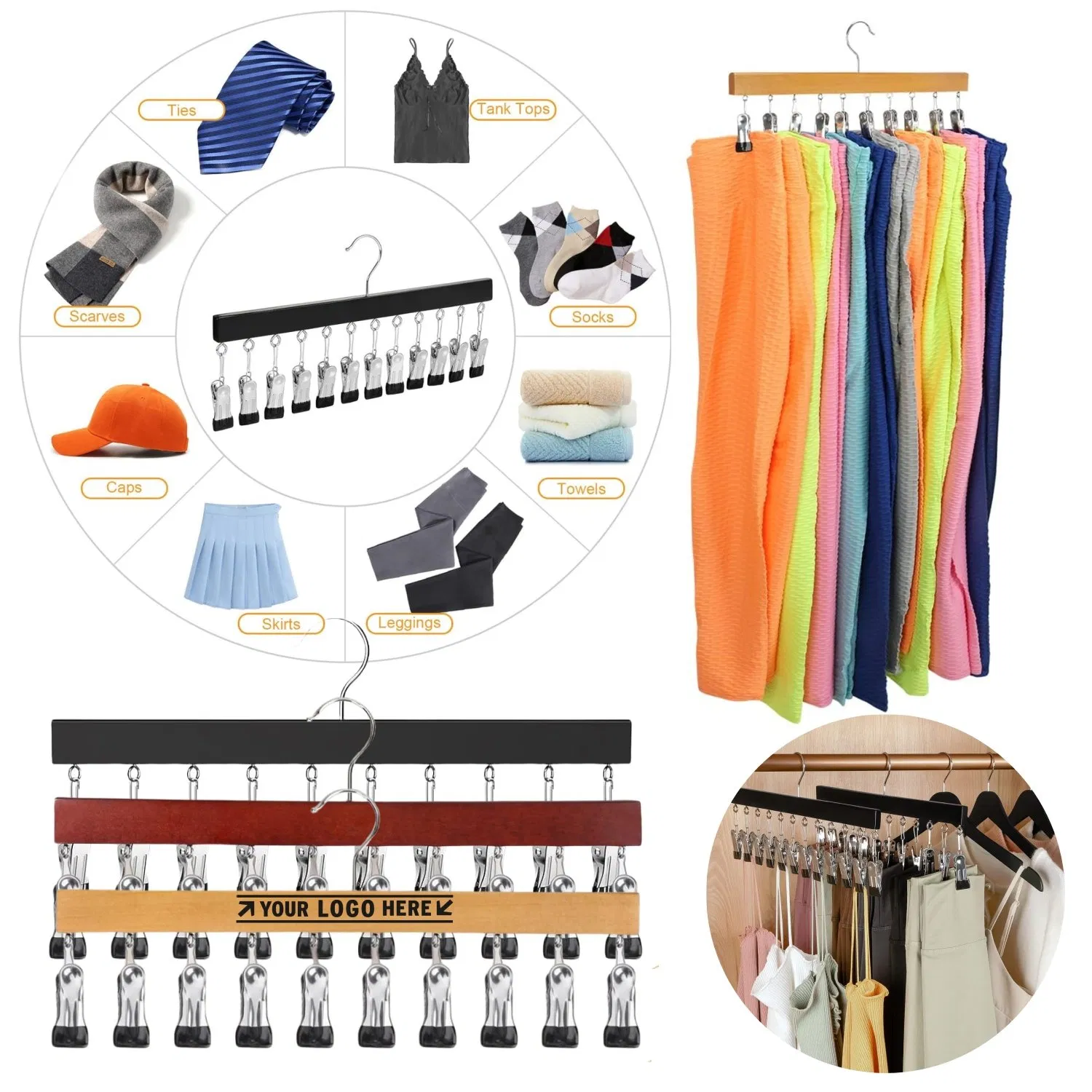 Legging Organizer for Closet Wooden Hangers with 12 Metal Clips