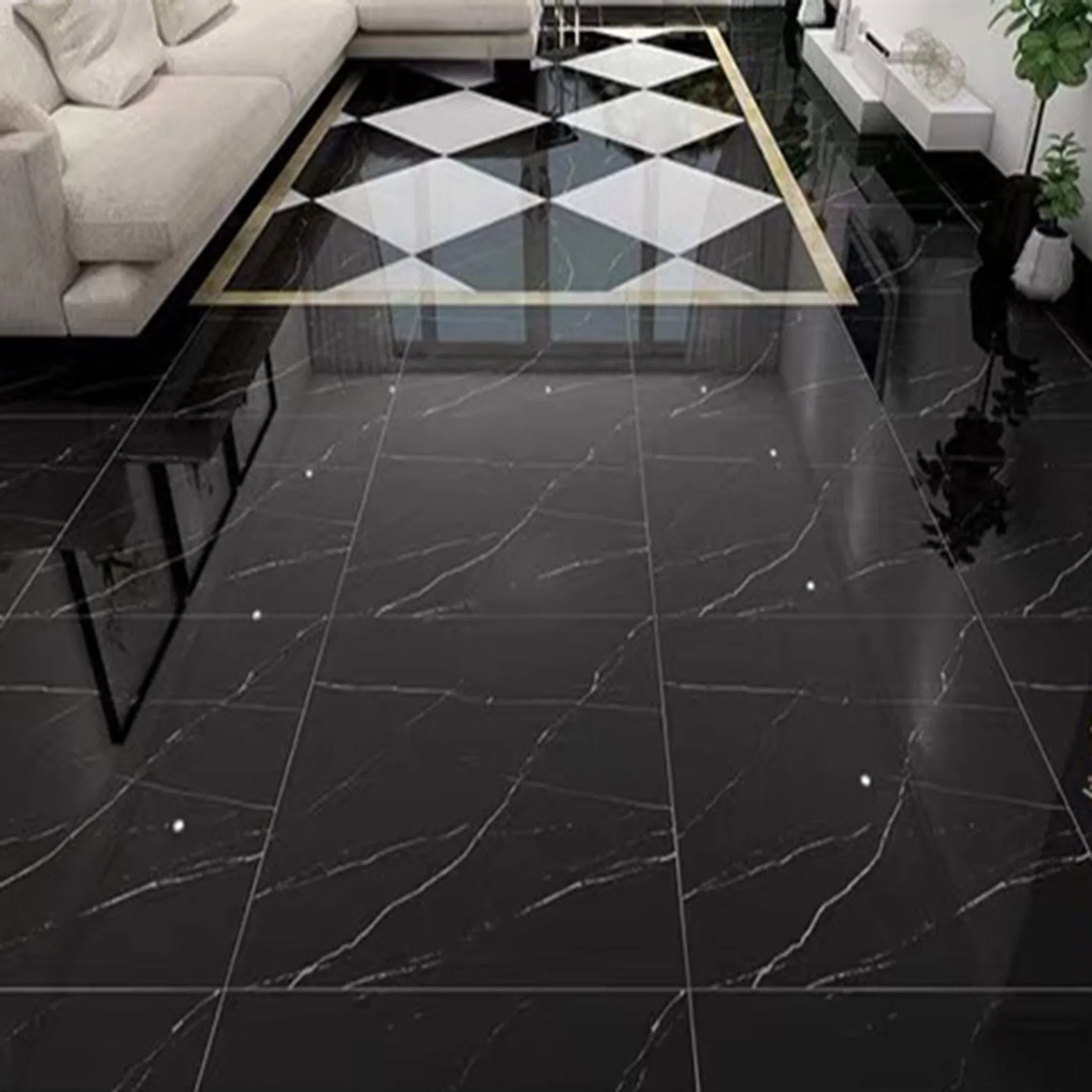 HP6709 600X600mm Super Polished Black&White Line Galzed Porcelain Wall & Floor Tile