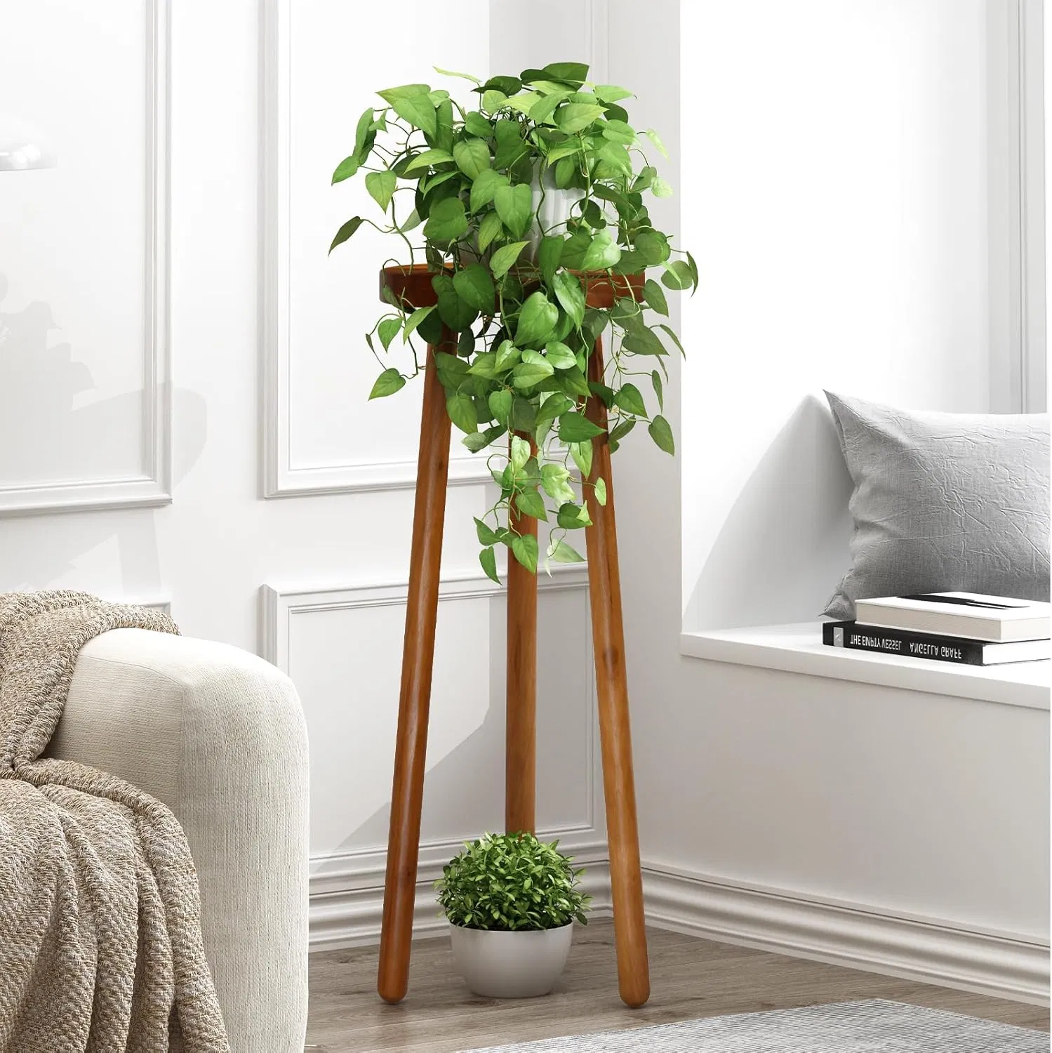 30'' Teak 3-Leg Plant Stand, Tapered Wood Legs, Indoor Plant Holder
