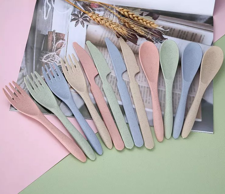 Eco Friendly Biodegradable Wheat Straw Fiber Fork Spoon Knife Flatware Travel Cutlery Set