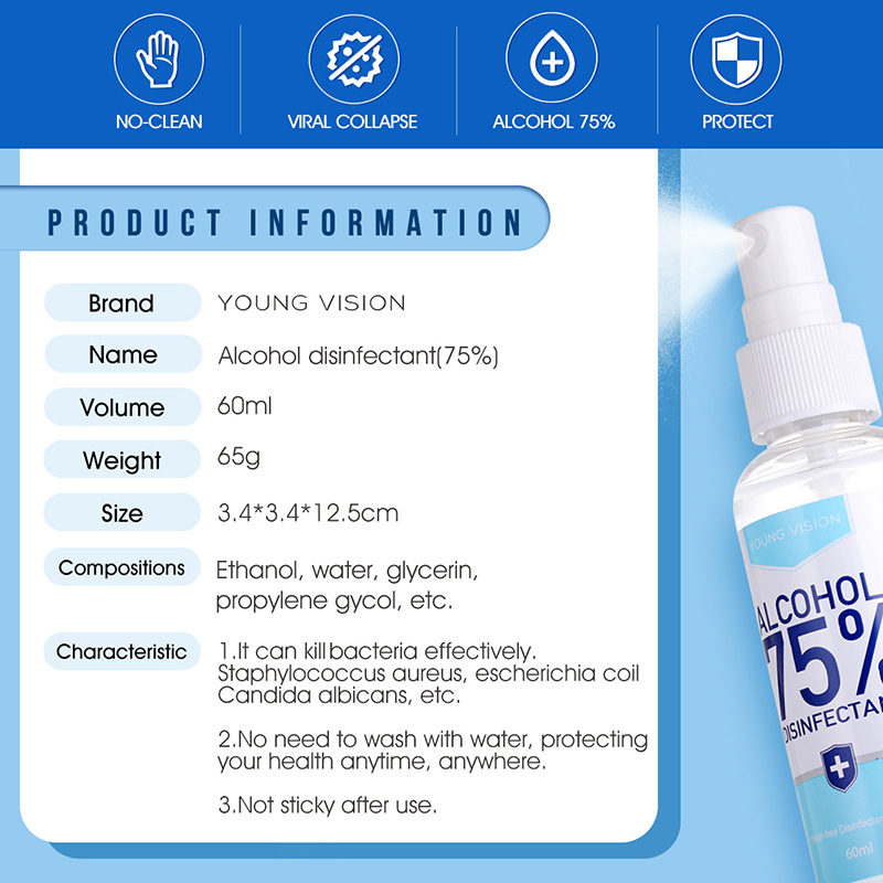 Portable 60ml/1bottle 0em Liquid Hand Sanitizer 75% Alcohol Disinfectant Spray