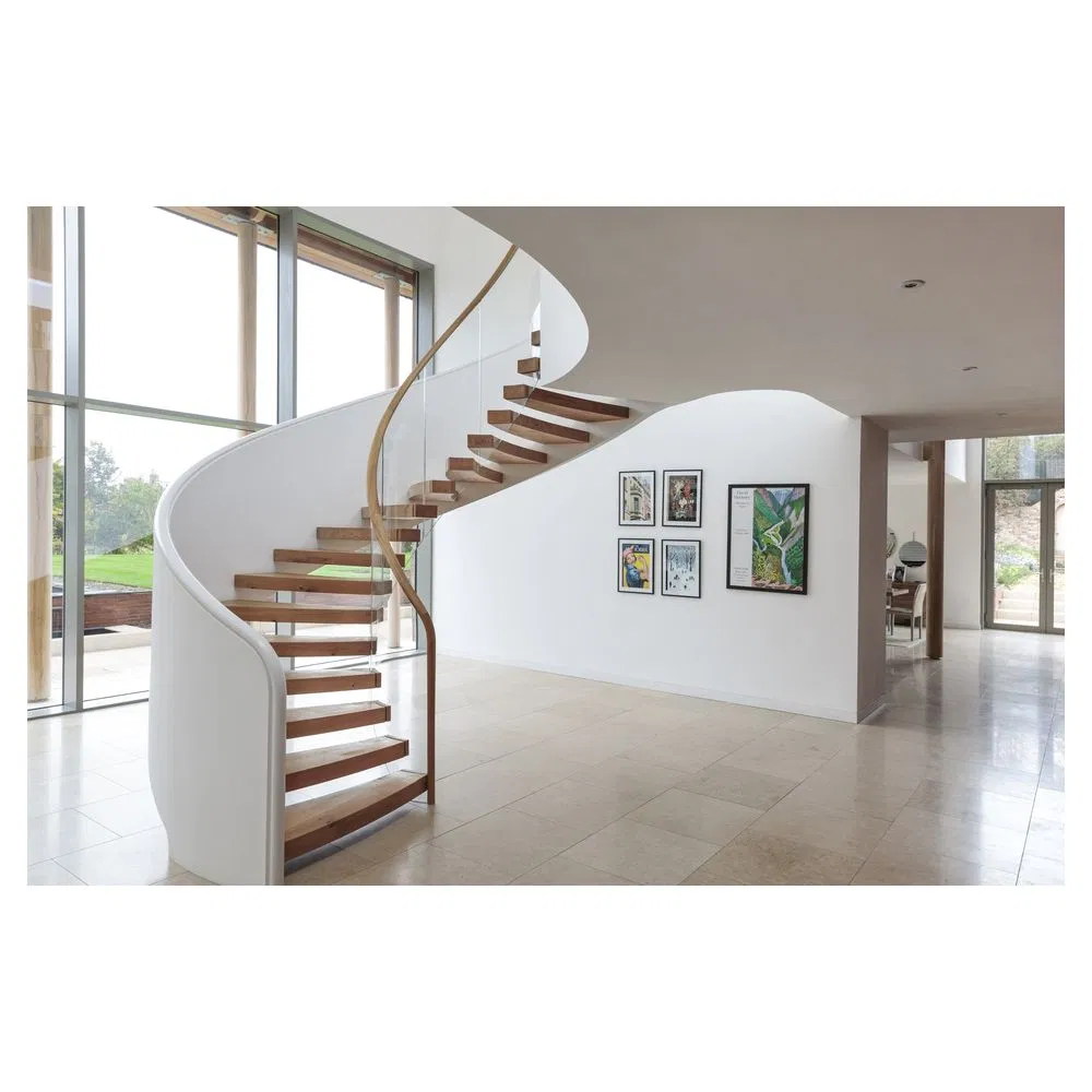 Prima Architectural Double Curved Staircase Australia Style with Hardwood Steps Steel Railings
