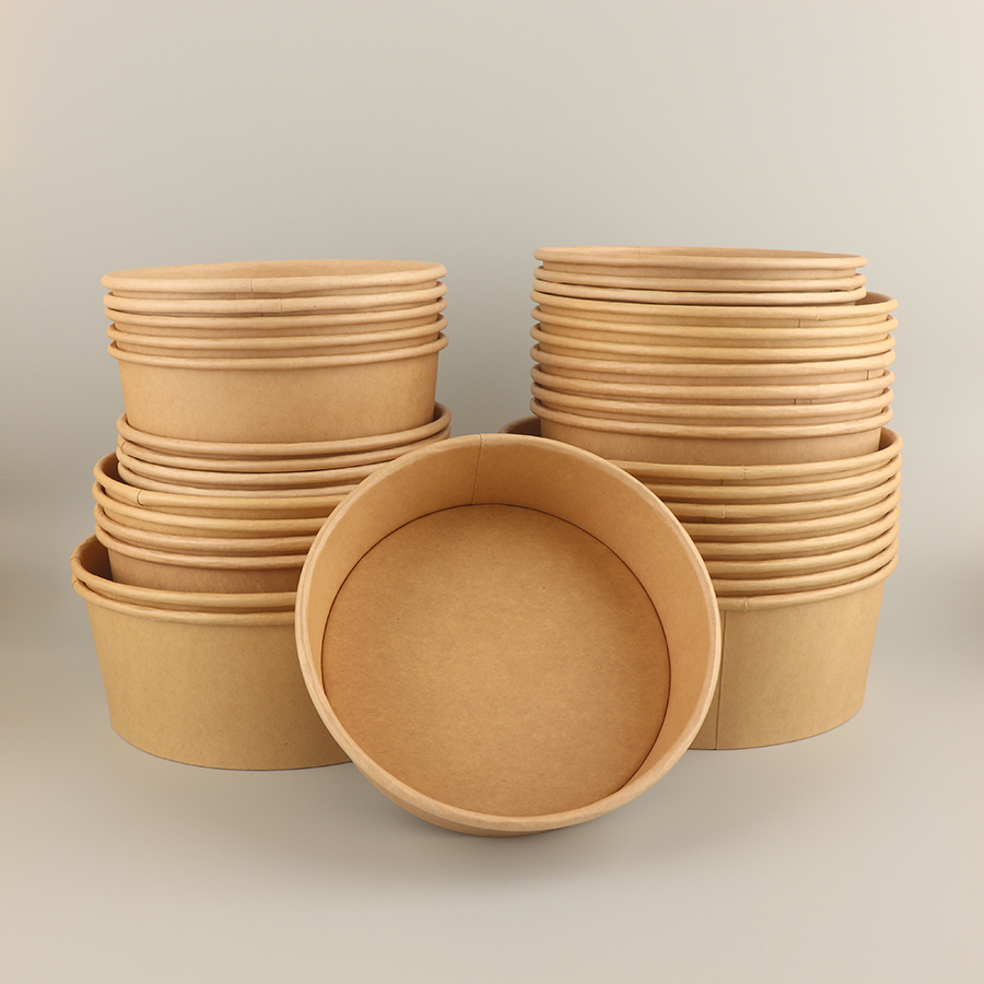 Custom Wide-Rim Disposable Food Soup Brown Salad Kraft Paper Bowl with Lid