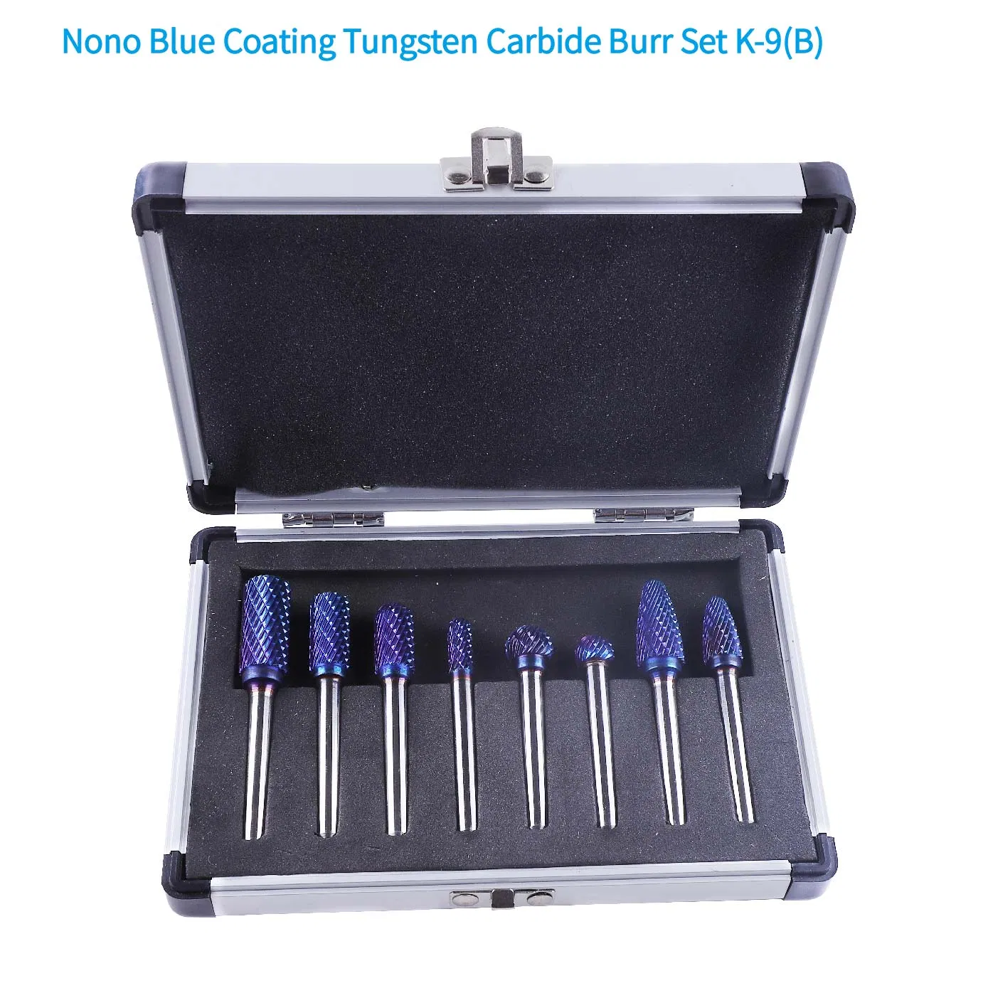 8PCS 6mm Shank Aluminium Box Packed Blue Nano Coating Tungsten Carbide Burr Set