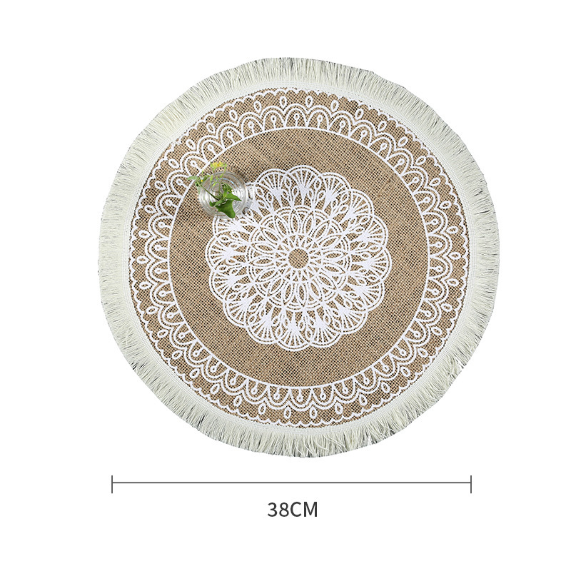 Round Vintage Fringed Placemat, Eco-Friendly Natural-Colored Jute Screen Printing Style