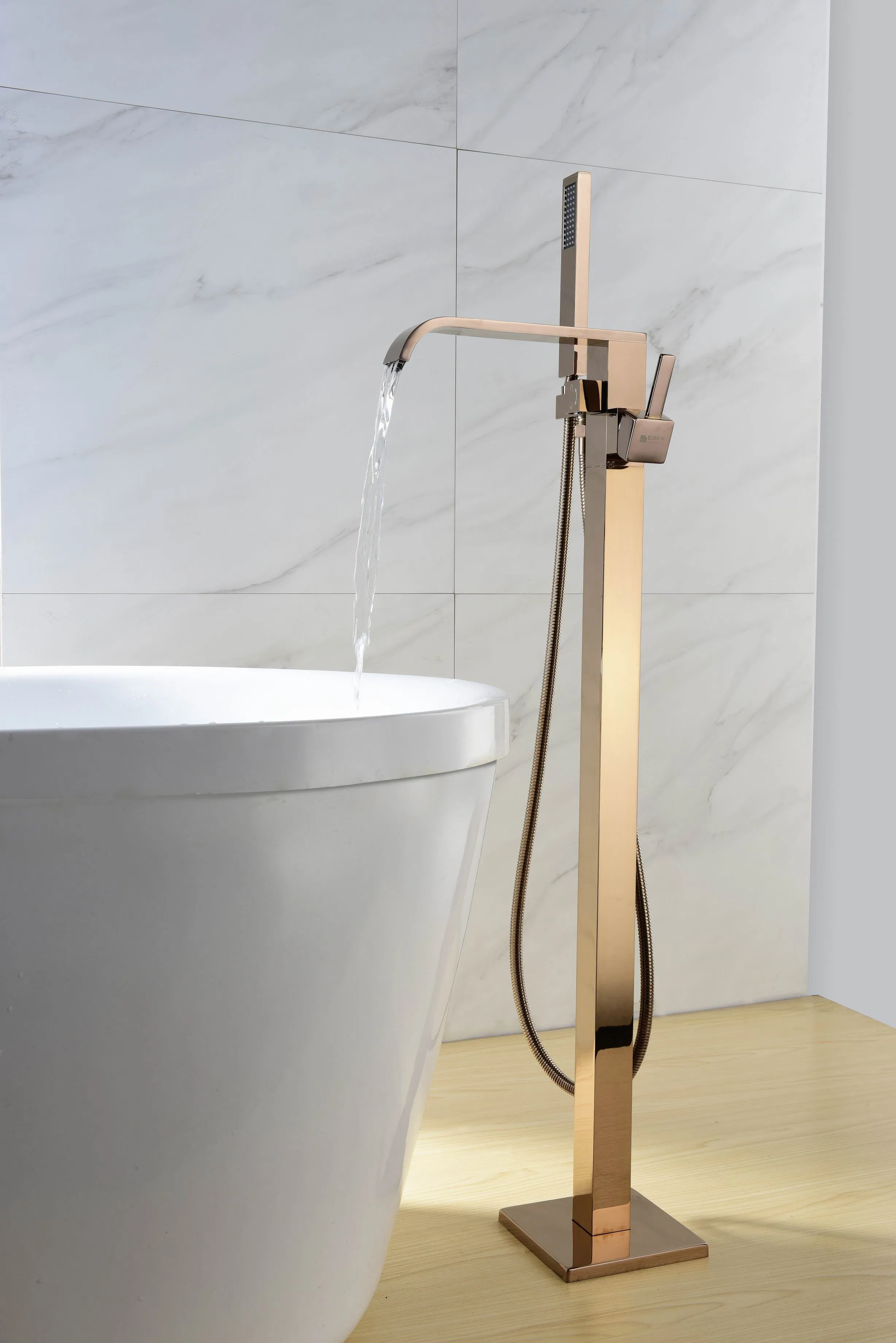 Modern Hot and Cold Water Exchange Square Floor-Mount Bathtub Faucet