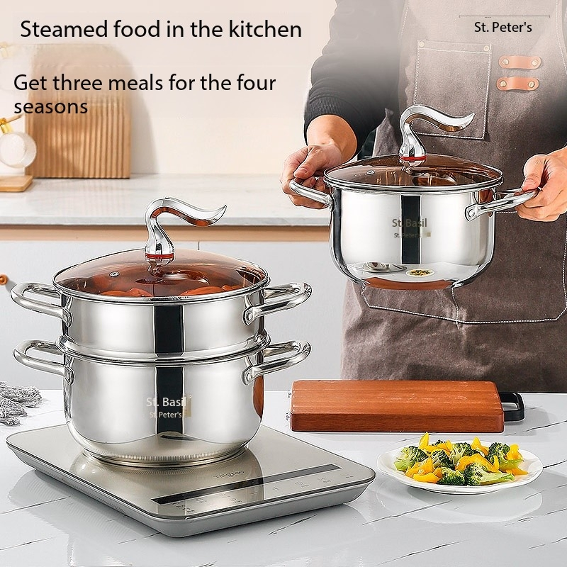 Stainless Steel Double - Layer Steamer Pot, Food Steamer Cookware, Multipurpose Cooking Pot