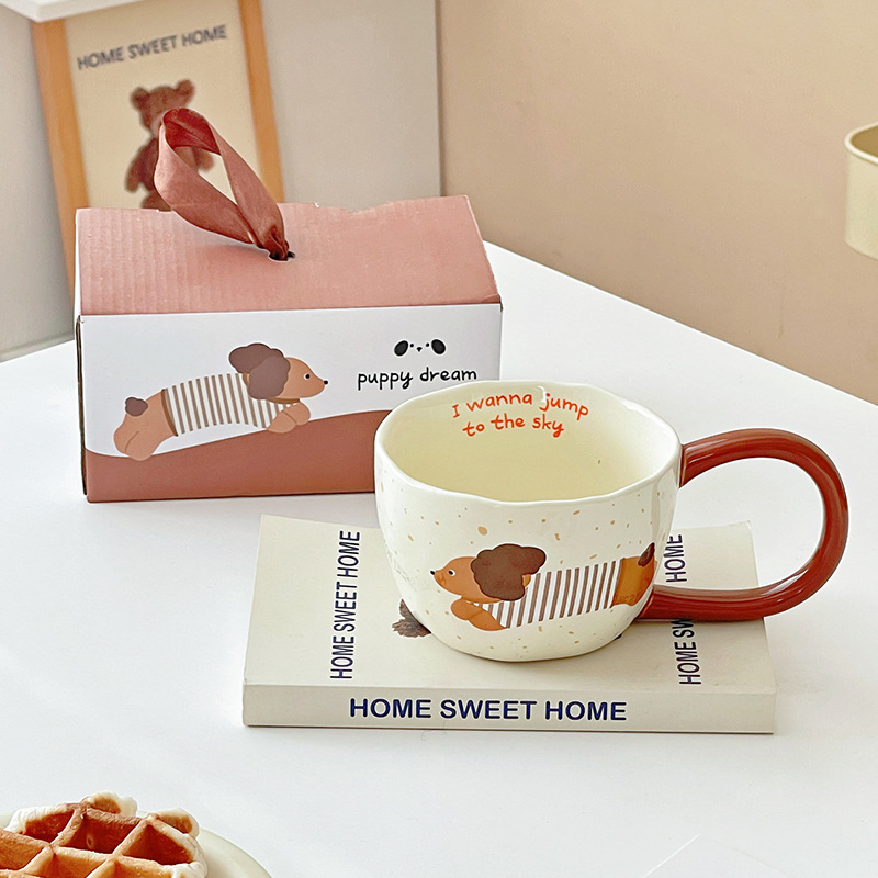 300ml Cute Big Handle Cartoon Ceramic Cup Dog Coffee Mugs Ins Breakfast Household Office Milk Coffee Cups