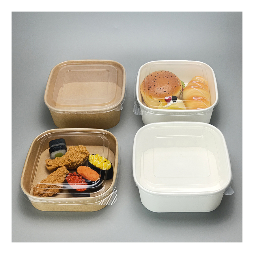 Eco-Friendly Custom Print Large Square 1400ml Rice Food Soup Serving Bowls Disposable 16oz 24oz Biodegradable Kraft Paper Bowl for Fruits Salad