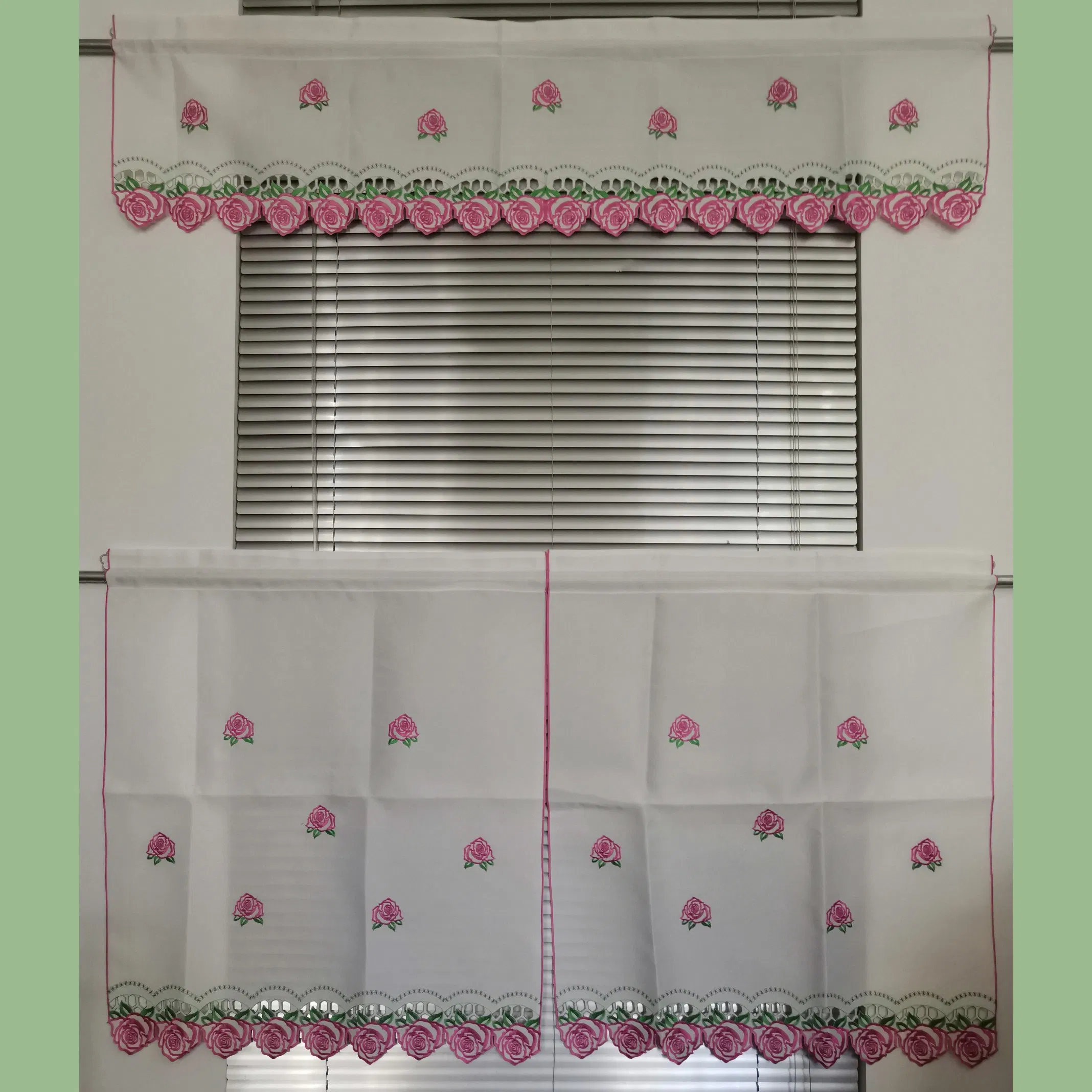 Embroidered Pink Rose Border 7-Pieces Kitchen Curtain