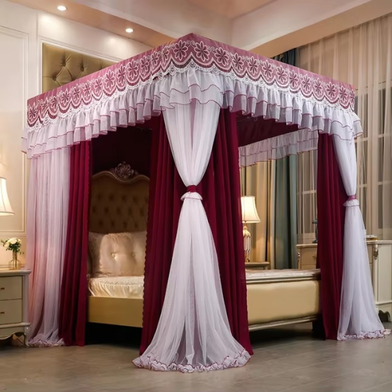 Wholesale Double-Layer Double-Rod Three-Opening Princess Curtain Embroidered Lace Mosquito Nets
