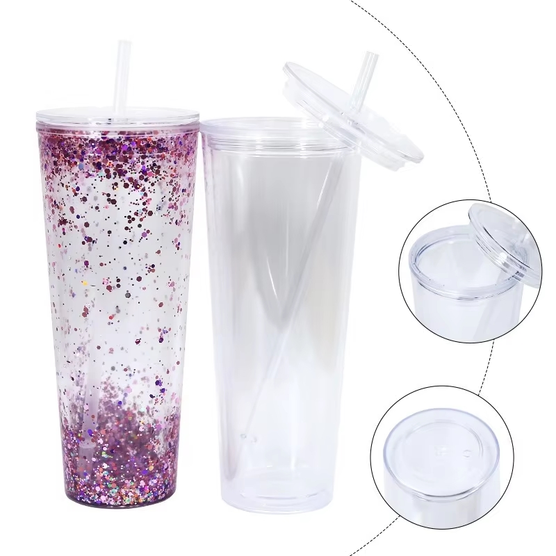 DIY Snowglobe Tumbler with Pre Drilled Hole 24 Oz Clear Acrylic Plastic Double Wall Tumbler Cup with Lid and Straw