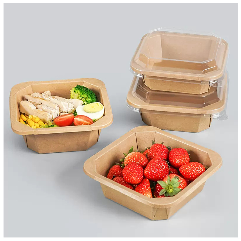 Custom Printing Disposable Food Packing Box Compostable Square Octagon Kraft Paper Wedding Fruit Salad Bar Display Bowl with Transparent Lid