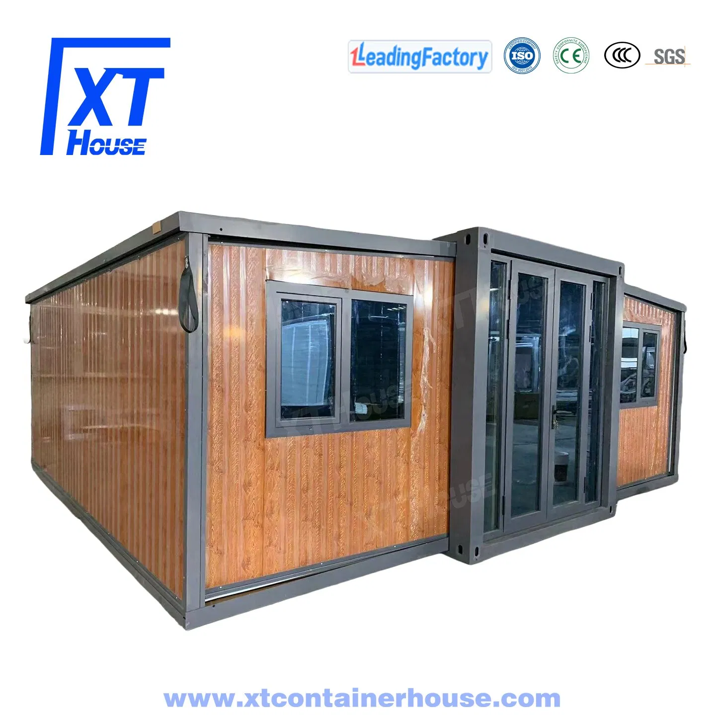 20FT/30FT/40FT High Quality Steel Door Casa Modular Prefabricada Prefab Expandable Folding Container House with Wood Grain Wall 2 Bedrooms 1 Kitchen 1 Bathroom