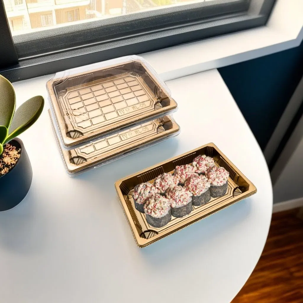 Hot Sales Black Sakura Printing Disposable Sushi Roll Food Packaging Food-Grade Plastic Take Away Desserts Food Container Rectangle Sushi Tray with Clear Lid