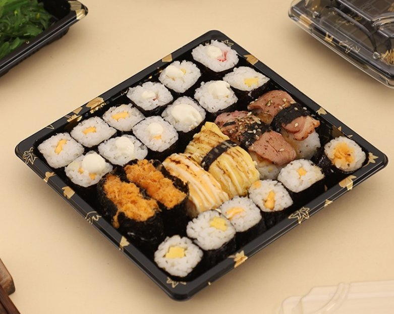 Plastic Sushi Tray Box with Transparent Lid Rectangular Takeaway Packaging Food Container