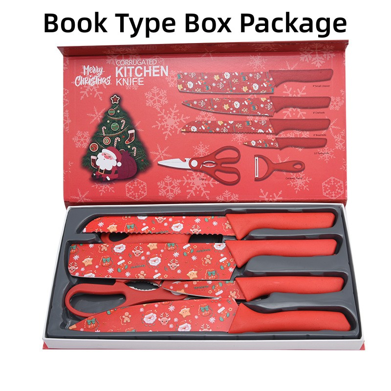 Wheat Straw Kitchen Knives, Food Safe Stainless Steel Knife, 4 Knives, Scissors, Peeler 6PCS Small Set Kitchen Knife Set in Book Type Box--X-Mas Pink