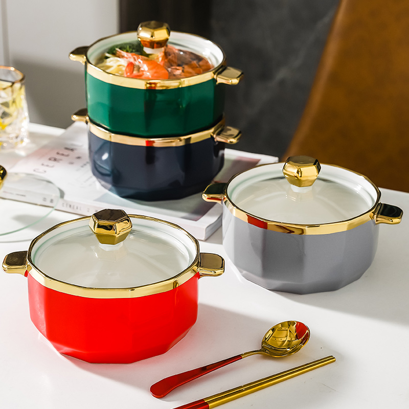 Ceramic Double Ear Bowl Instant Noodle Bowl Luxury Soup Bowl Stew Bowl Salad Bowl