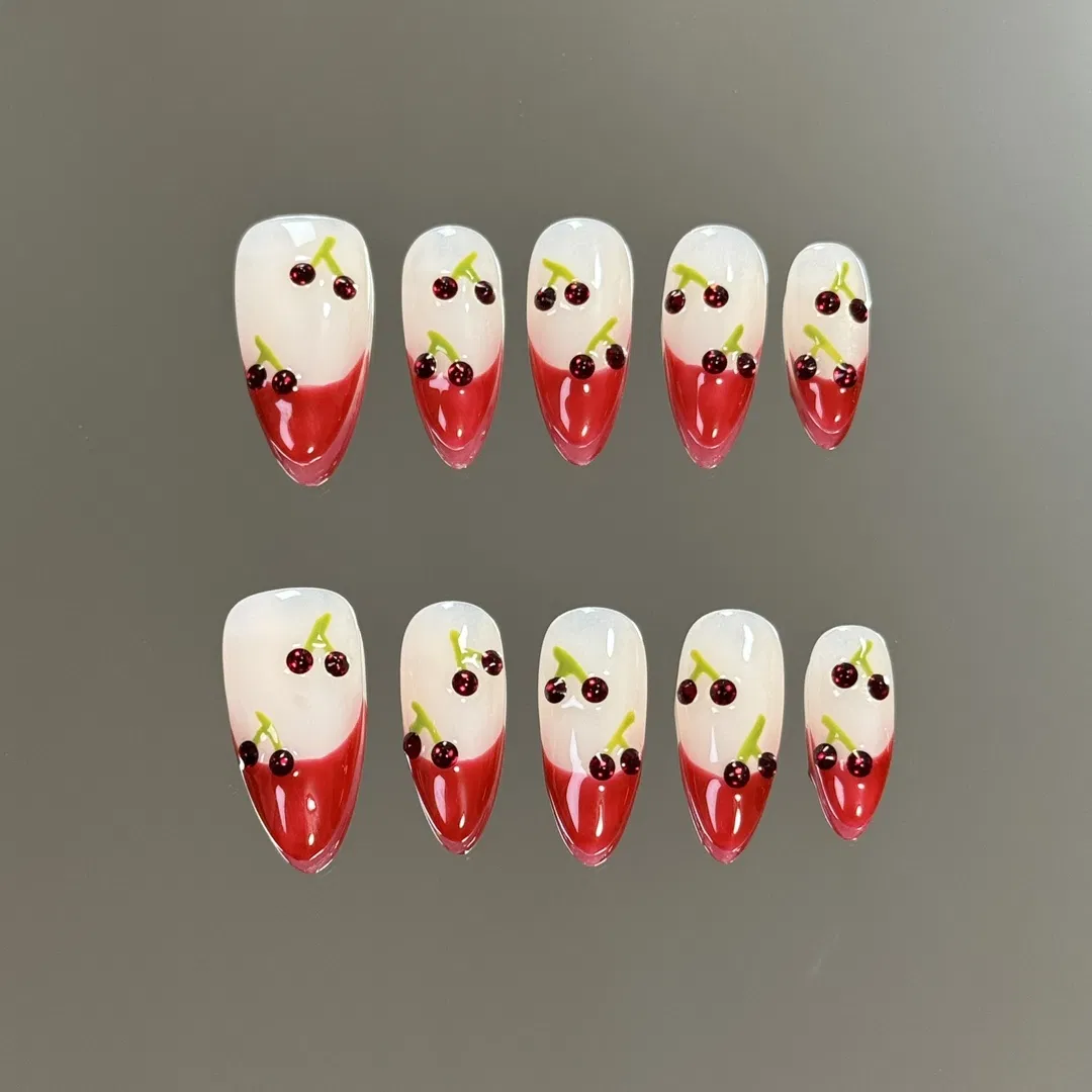 Luxury Red Cherry Nails Tips Fake Nails Removable Full Cover Almond False Nail Press on Nail