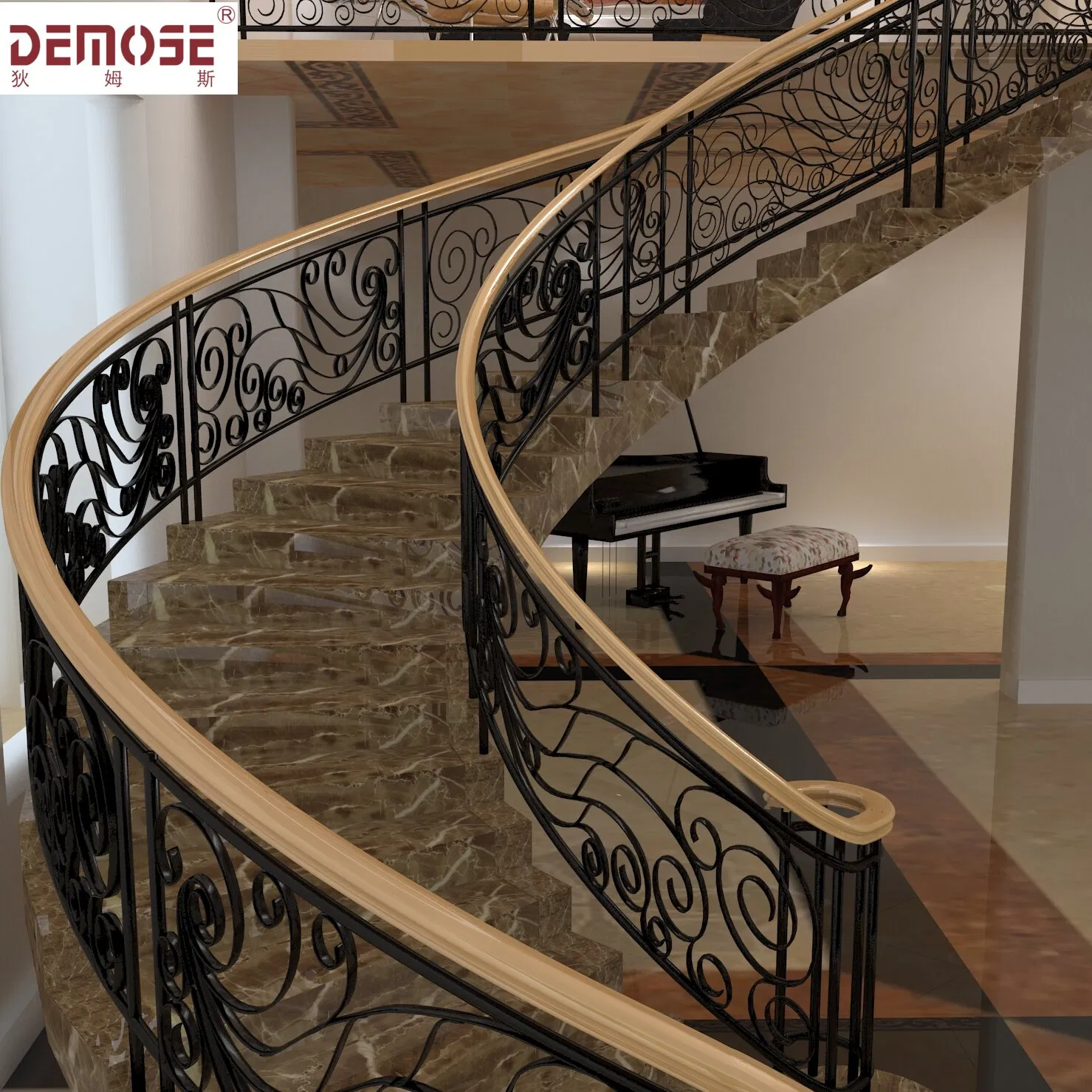 Luxury Wrought Iron Curved Indoor Guard Stair Railing Design Spiral Staircase (DMS-1021)