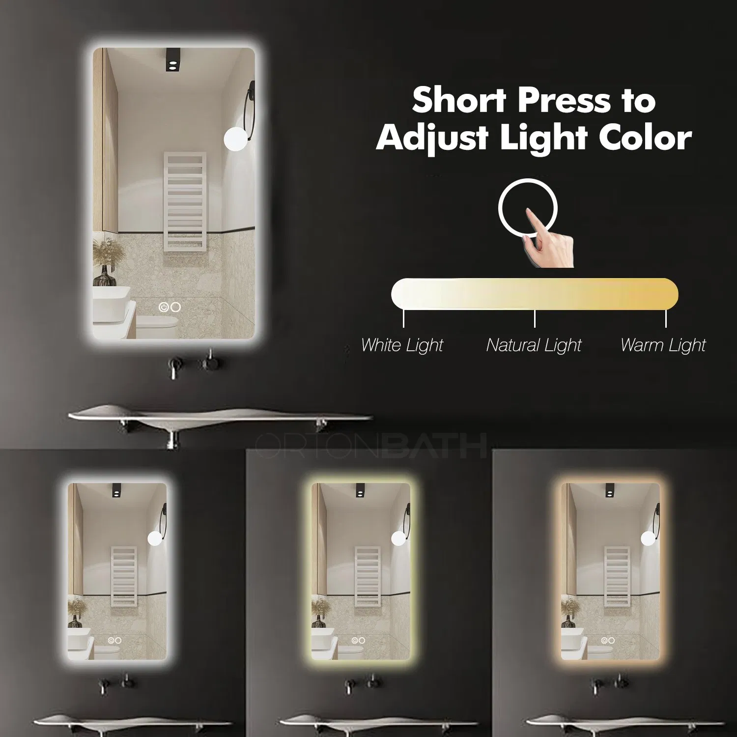 Ortonbath Backlit Rectangle Frameless LED Mirror for Bathroom Wall Mirror with Dimmable, Anti-Fog, Shatterpoof, Memory (Horizontal/Vertical) Backlit Mirror