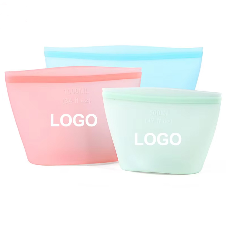 Popular Custom Print Logo Food Grade Kitchen Picnic Reusable Foldable Leakproof Stand up Packing Silicone Bag