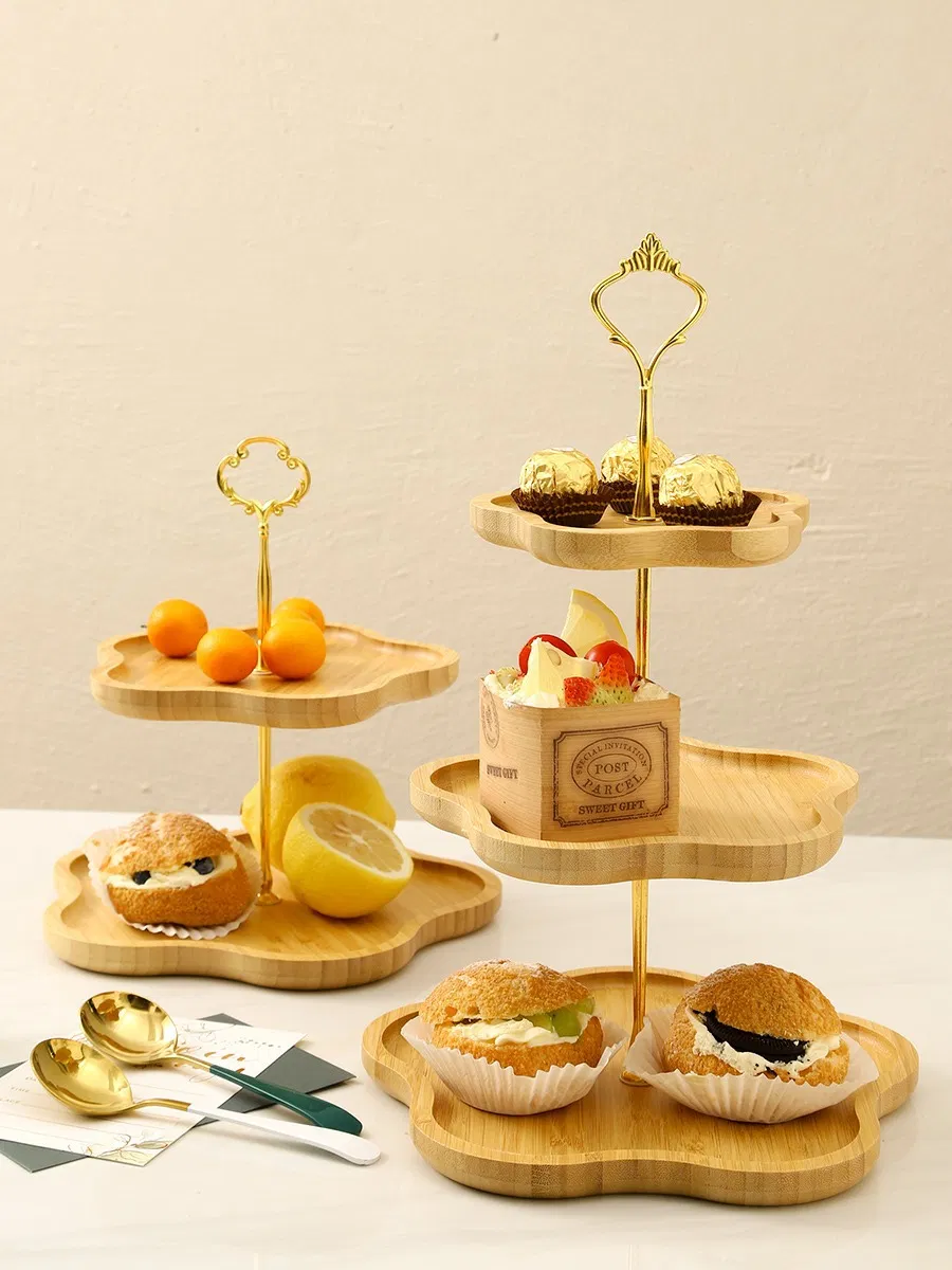 Wholesale Bamboo Dessert Cupcake Display Plate for Wedding Birthday Party Serving Tray Pastry Cake Stand 2 Tier