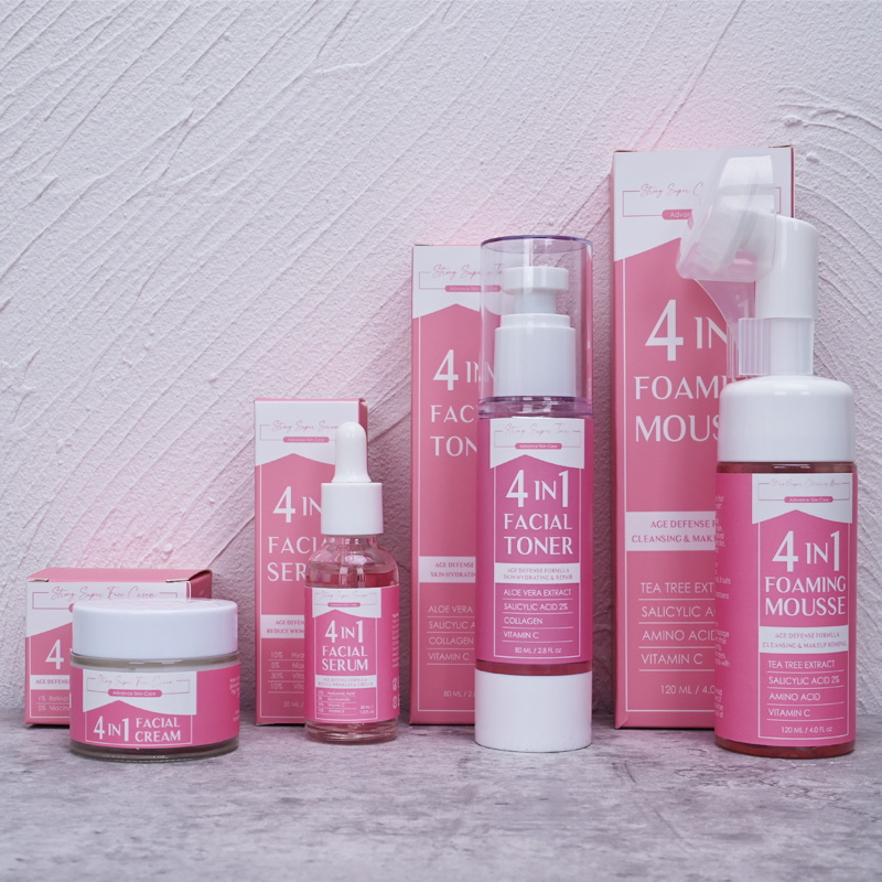 OEM Natural 4 in 1 Skin Care Set Vitamin C Serum Acne Cream Cleansing Face Mousse Skin Hydrating Toner Spray Facial Set