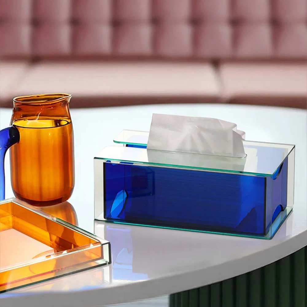 Factory Direct Sale Colorful Plastic Multi-Functional Cuboid Pattern Tissue Box in Orange/Blue/Green with Clear Lid Made of Acrylic for Hotel/Restaurant/Family