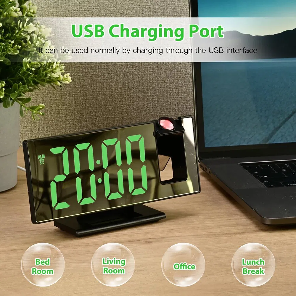 Table LED Mirror Projector Alarm Clock Green Display