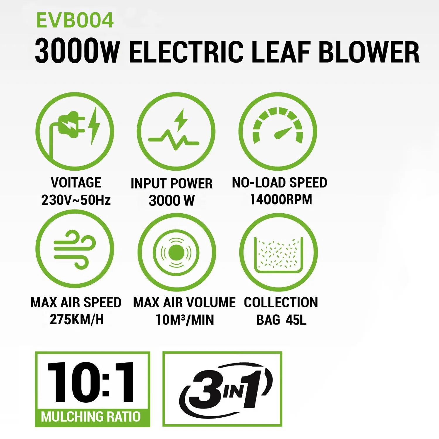 Vacuum Blower Variable Speed 3 in 1 Electric Leaf Blower (EVB004)