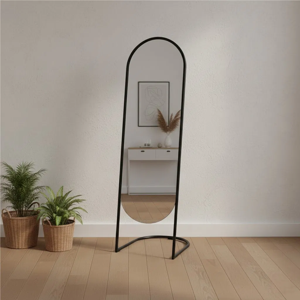 Stylish Dressing Mirror: Arched Black Metal Frame for Home