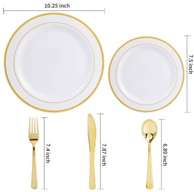 125PCS Food Grade Gold Rim Disposable Dinnerware Party Plastic Plate