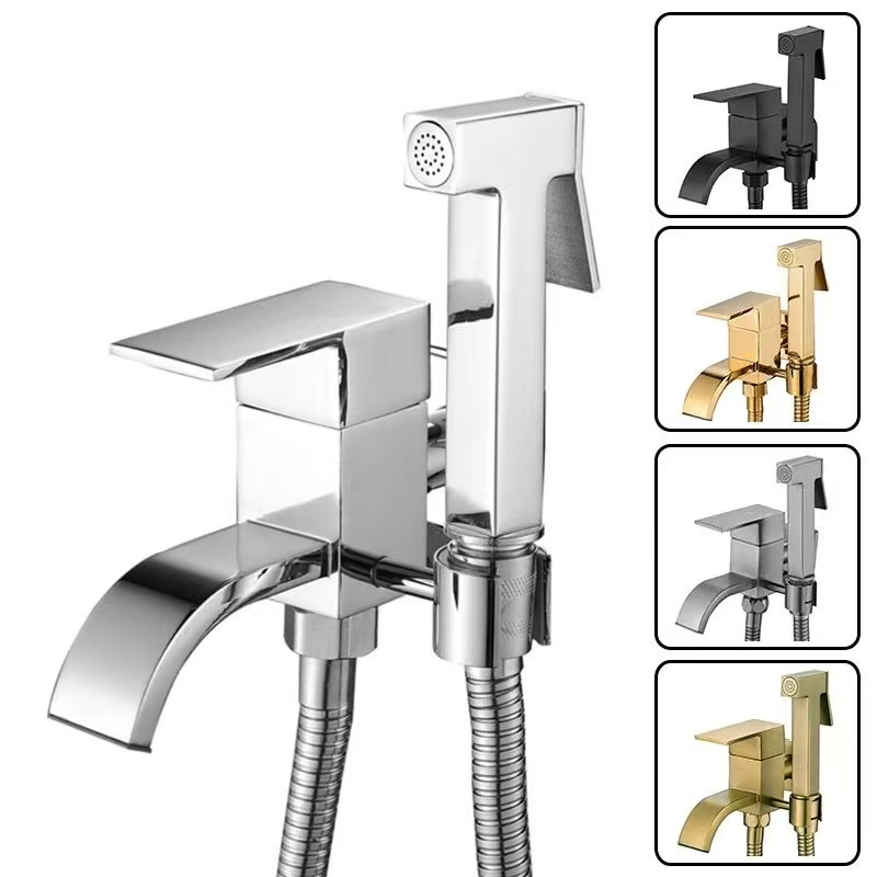 Modern Square Bathroom Wall Mounted Bathtub Brass Handheld Portable Bidet Sprayer Set