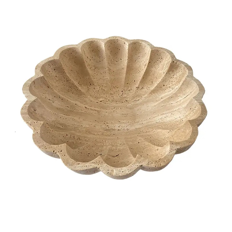 Custom Carved Natural Stone Flower Tray Beige Travertine Bowl for Display