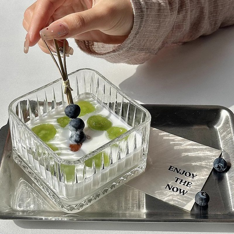 Glass Bowl Stripe Rhombus Pattern Square Shape Bowl Dessert Bowl Breakfast Bowl