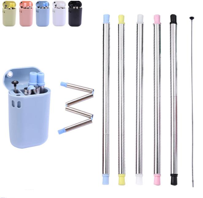 Custom Logo Portable Reusable Collapsible Silicone Foldable Straw Set with Case