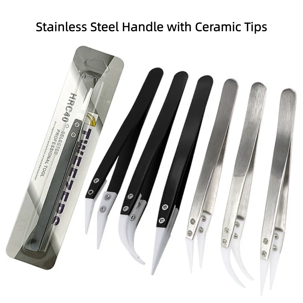 Heat Resistant Stainless Steel ESD Safe Anti-Static Pointed Curved Ceramic Tip Tweezers
