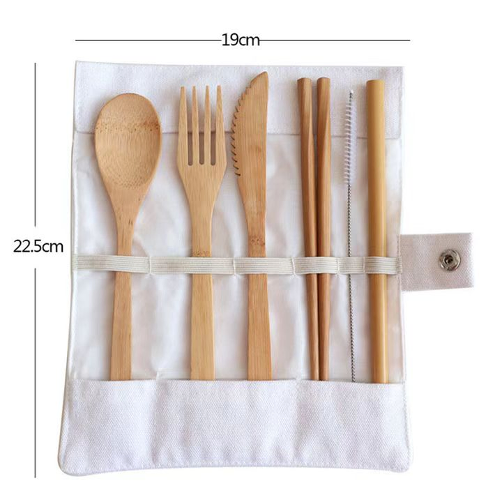 Wholesale Custom Travel Portable Reusable Organic Bamboo Spoon Fork Chopsticks Flatware Utensil Cutlery Set in Pouch