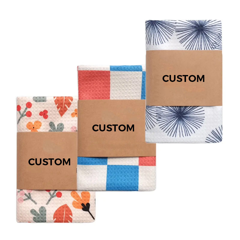 Custom Printed Logo Microfiber Waffle Weaven Kitchen Cotton Polyester Cleaning Tea Towel