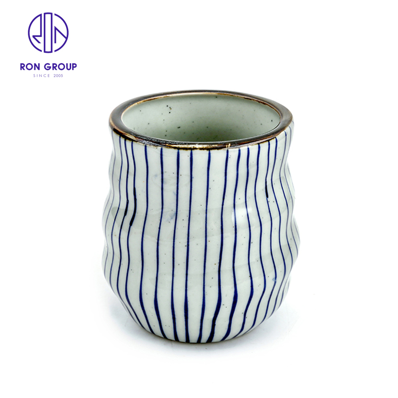 China Wholesale Ceramic Drinkeware Blue Vertical Stripes Tea Cup Water Mug Tableware for Hotel Restaurant Catering