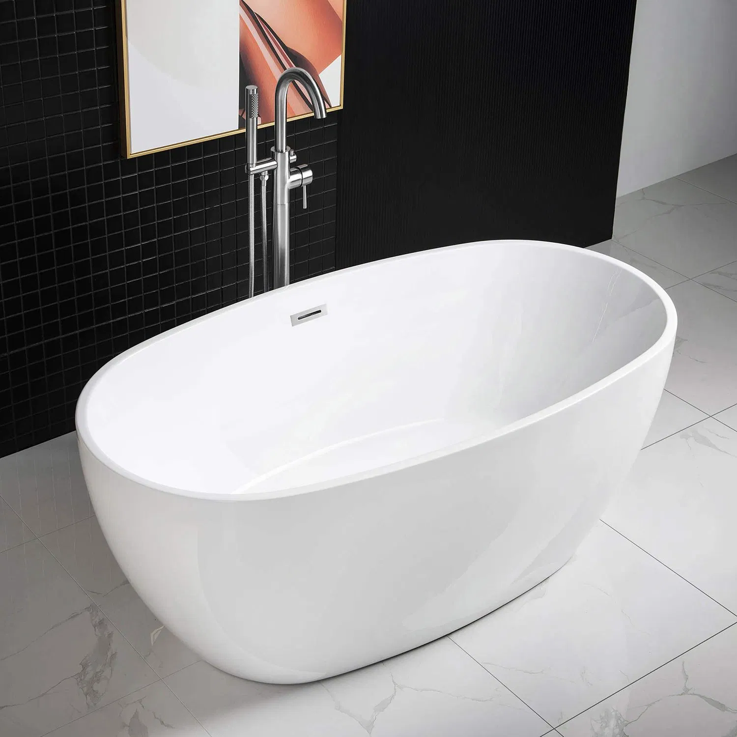 Aquacubic 67" Freestanding Bathtub Elegant Oval Shape, Glossy White Double Walled Insulation Bathtub