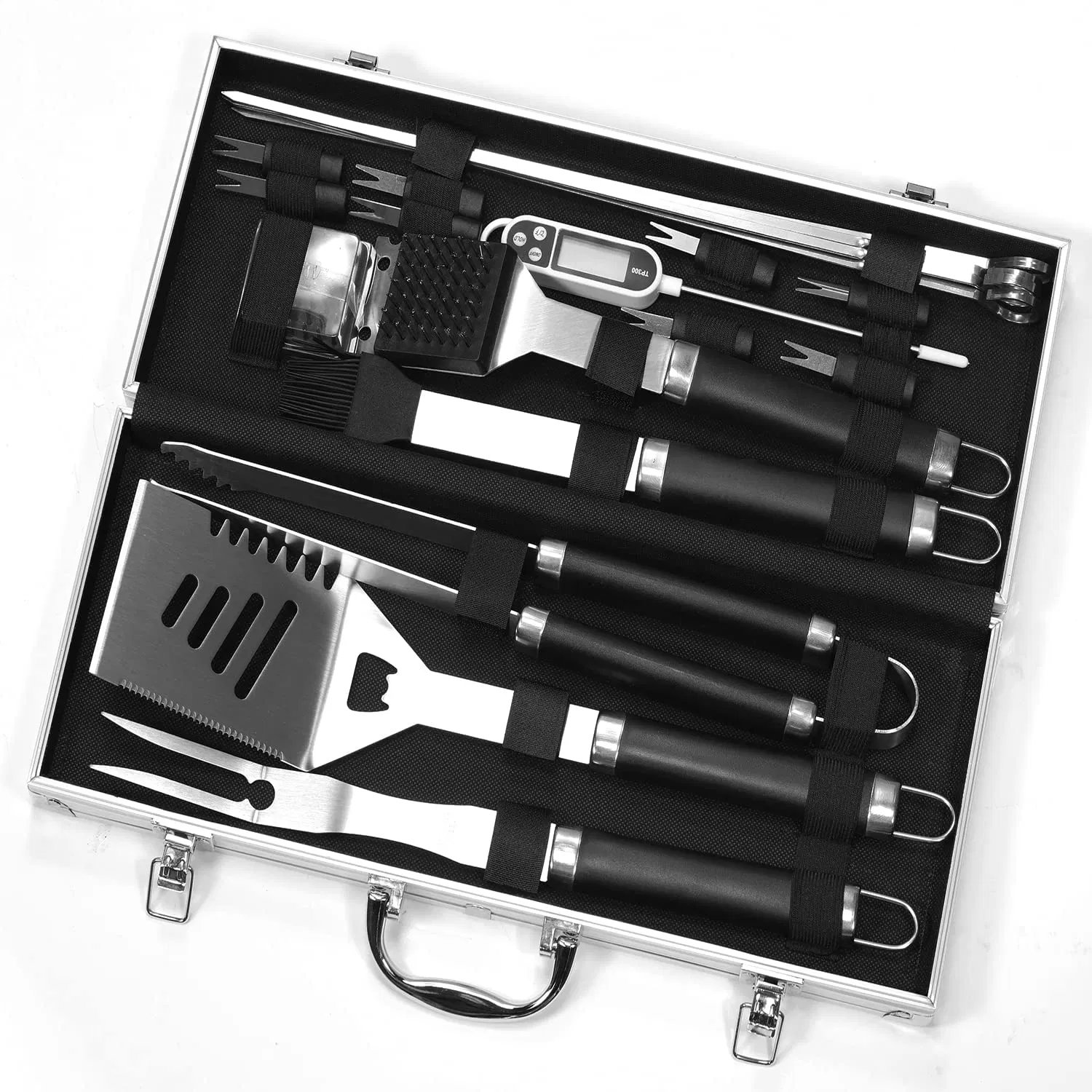 20 PCS Stainless Steel Outdoor Charcoal BBQ Grill Barbeque Set Barbeque Set with Thermometer BBQ Tools Set