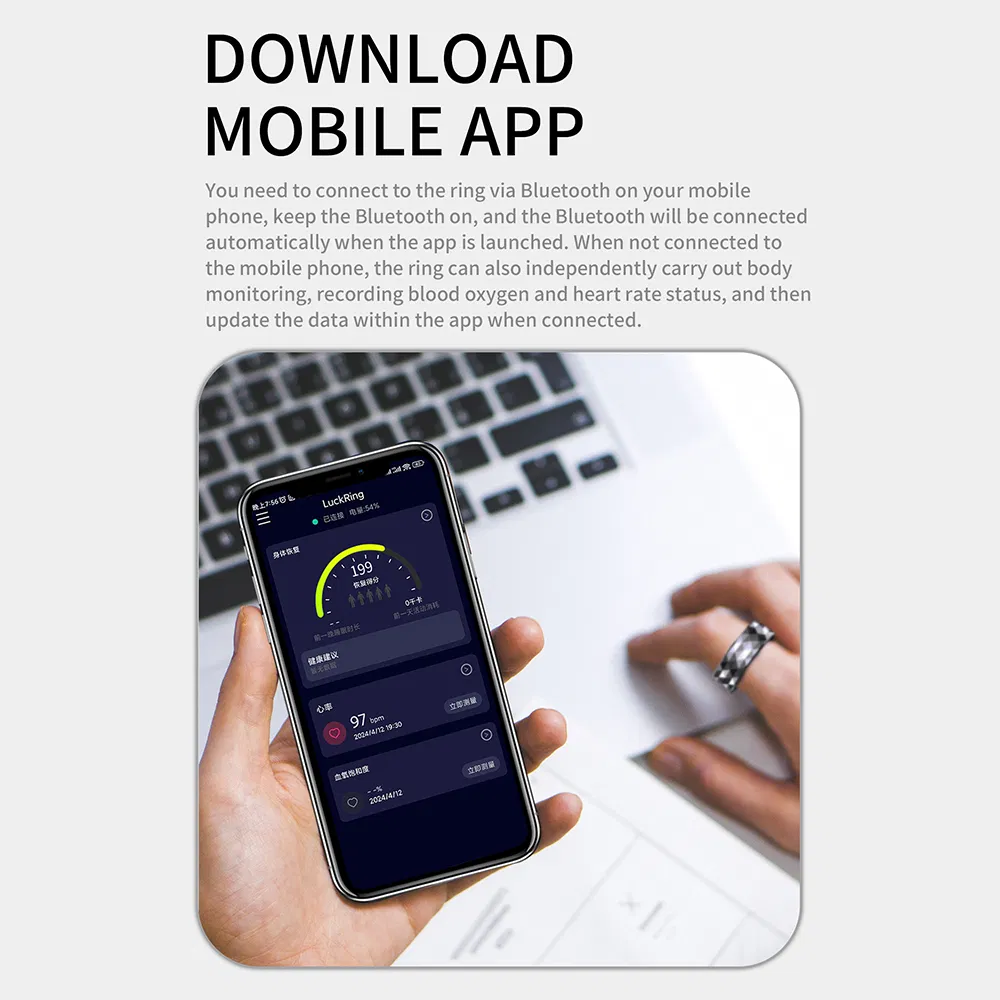 R12m Smart Health Ring - Multifunction, Bluetooth, Waterproof, Black, Size 20