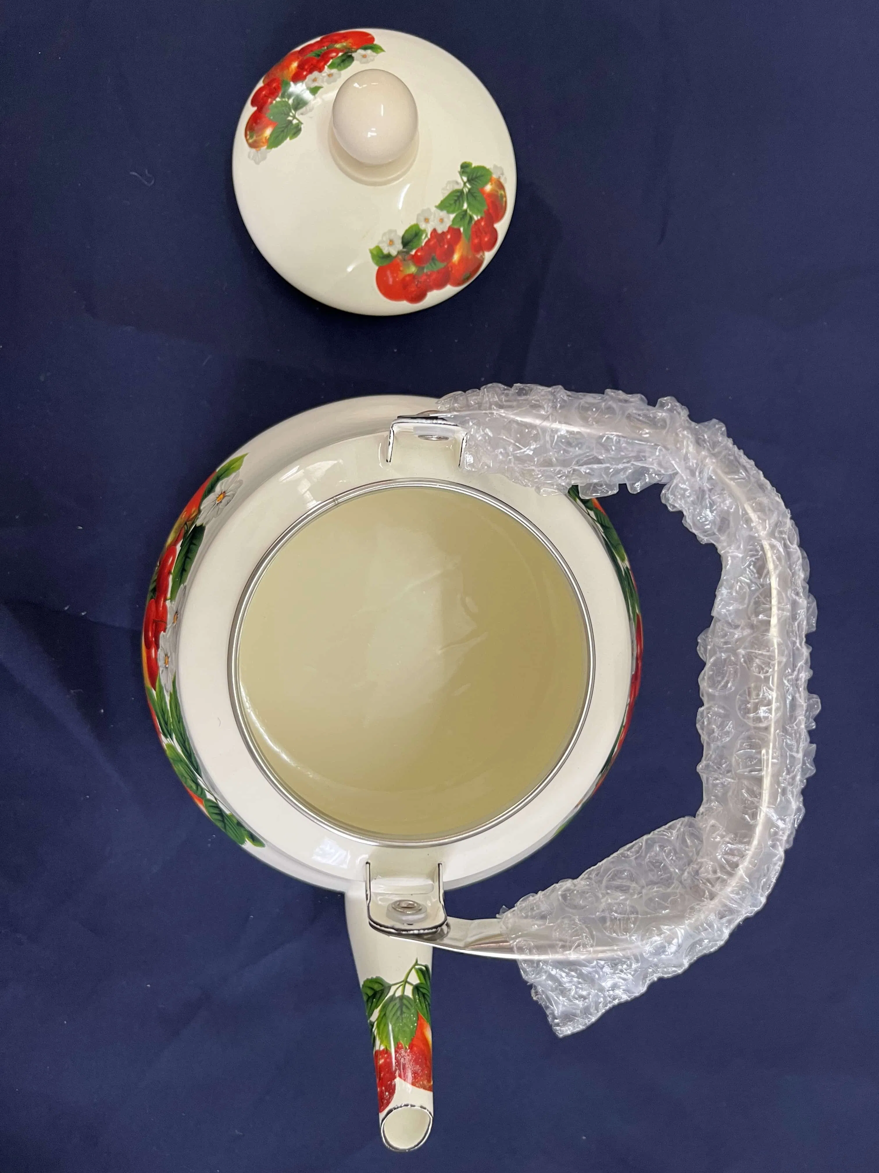 Cream White Hawthorn Print Enamelled Teapot with Stainless Steel Handle Can Be Customized